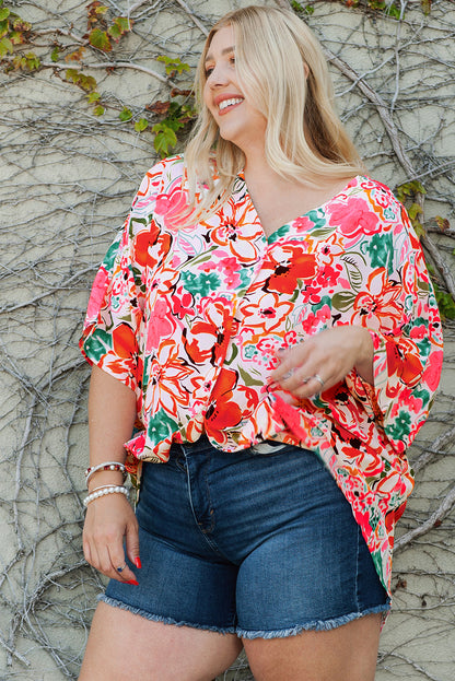 Rose Plus Size Floral Print Boho Kimono Sleeve Shirt - Eloy Royal