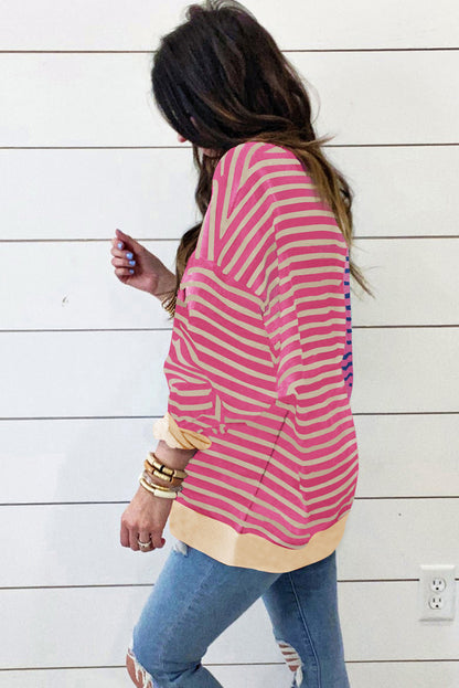 Brown Stripe Colorblock Drop Shoulder Oversize Sweatshirt