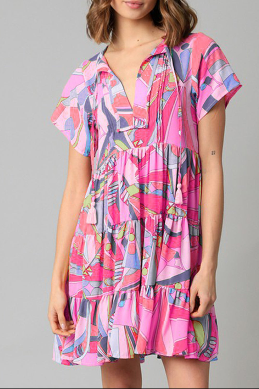 Multicolor Abstract Print Split V Neck Short Sleeve Tiered Dress - Eloy Royal