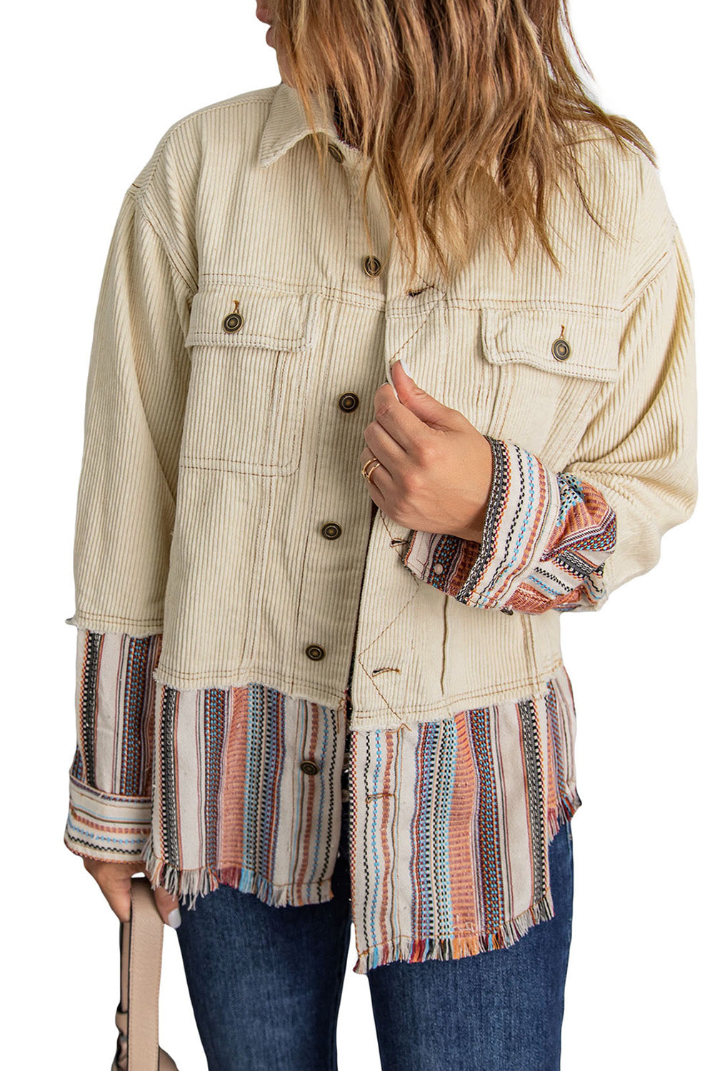 Wholesale Beige Button Up Pockets Striped Color Block Corduroy Jacket - Eloy Royal