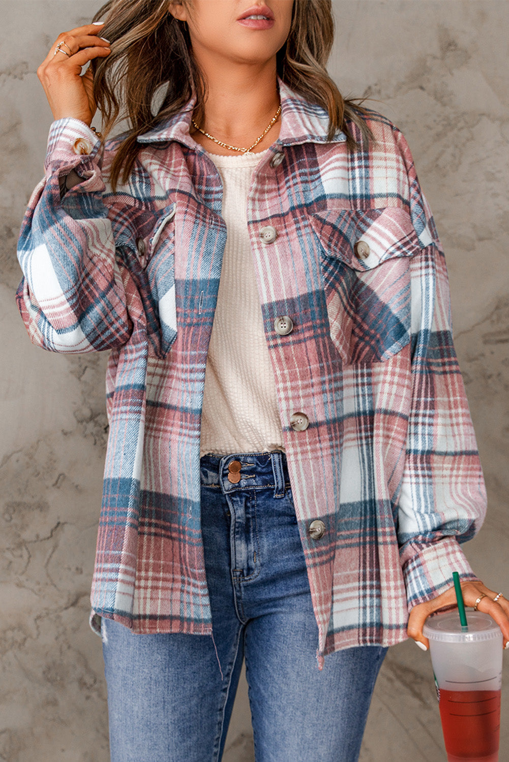 Pink & Grey Plaid Button Up Collared Flannel Shacket - Eloy Royal