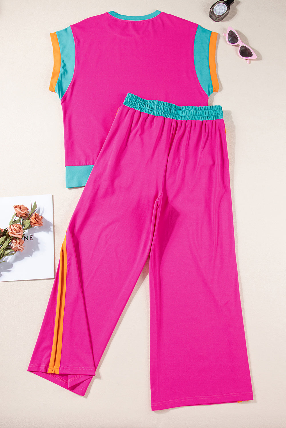 Strawberry Pink Colorblock Cap Sleeve Tee and Wide Leg Pants Set - Eloy Royal