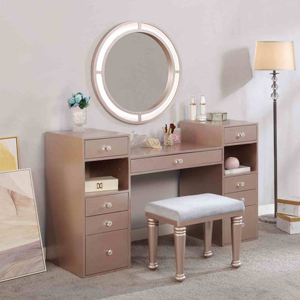 Glam Style 1pc Vanity w/ Padded Stool Set 3mm Mirror Storage Drawers LED On Mirror Tiffany Blush Finish Bedroom Furniture