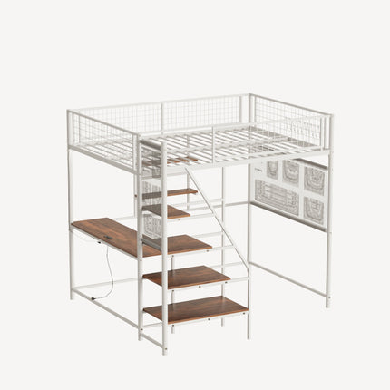 Full Size Metal Loft Bed with Built-In Charging Station and LED Light, White Frame for Bedroom and Dormitory