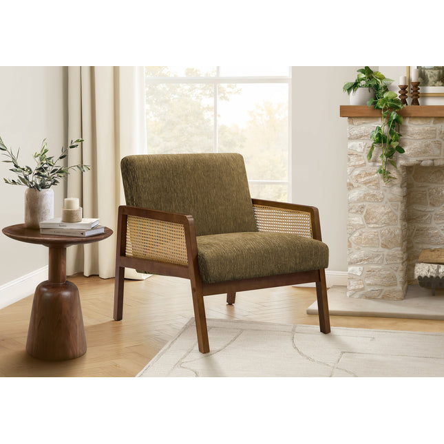 Accent Chair, 30'h, Upholstered, Living Room, Bedroom, Brown Fabric, Brown Walnut Solid Wood, Modern, Mid Century