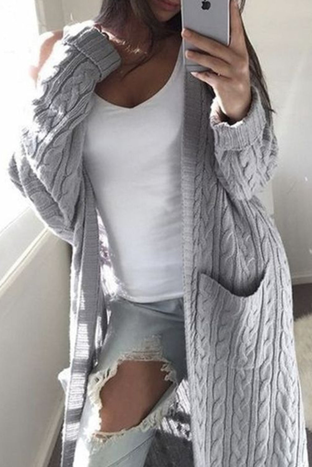 Light Grey Double Pocket Full Body Twist Sweater Cardigan