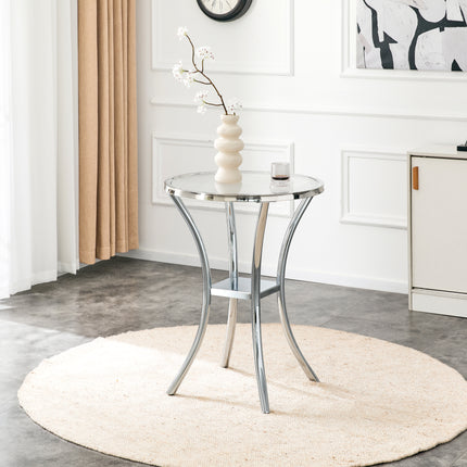 Stainless Steel Wrapped Tempered Glass Top Bar Table with Chrome Plated Base - Double Tier Storage for Dining Room Negotiation Room Office Bar Cafe (1 Table)