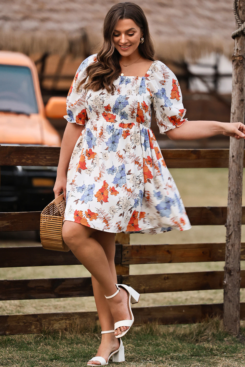 White Floral Smocked Flared Plus Size Dress - Eloy Royal