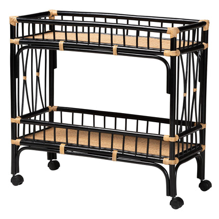 Modern Bohemian Two-Tone Black and Natural Brown Rattan 2-Tier Kitchen Cart