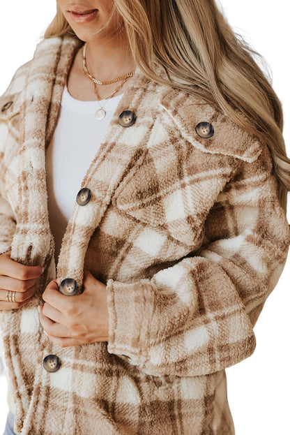 Khaki Sherpa Plaid Button Pocketed Jacket - Eloy Royal