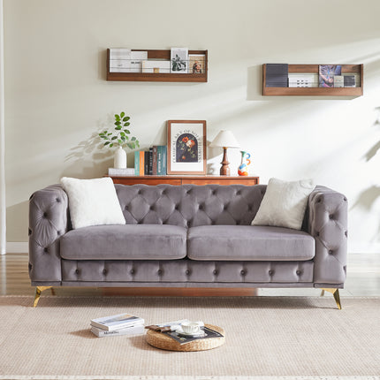 [Video] Classic modern sofa: 82.5-inch Chesterfield-style sofa with tufted detailing and luxurious velvet upholstery, featuring 2 throw pillows and metal legs,grey