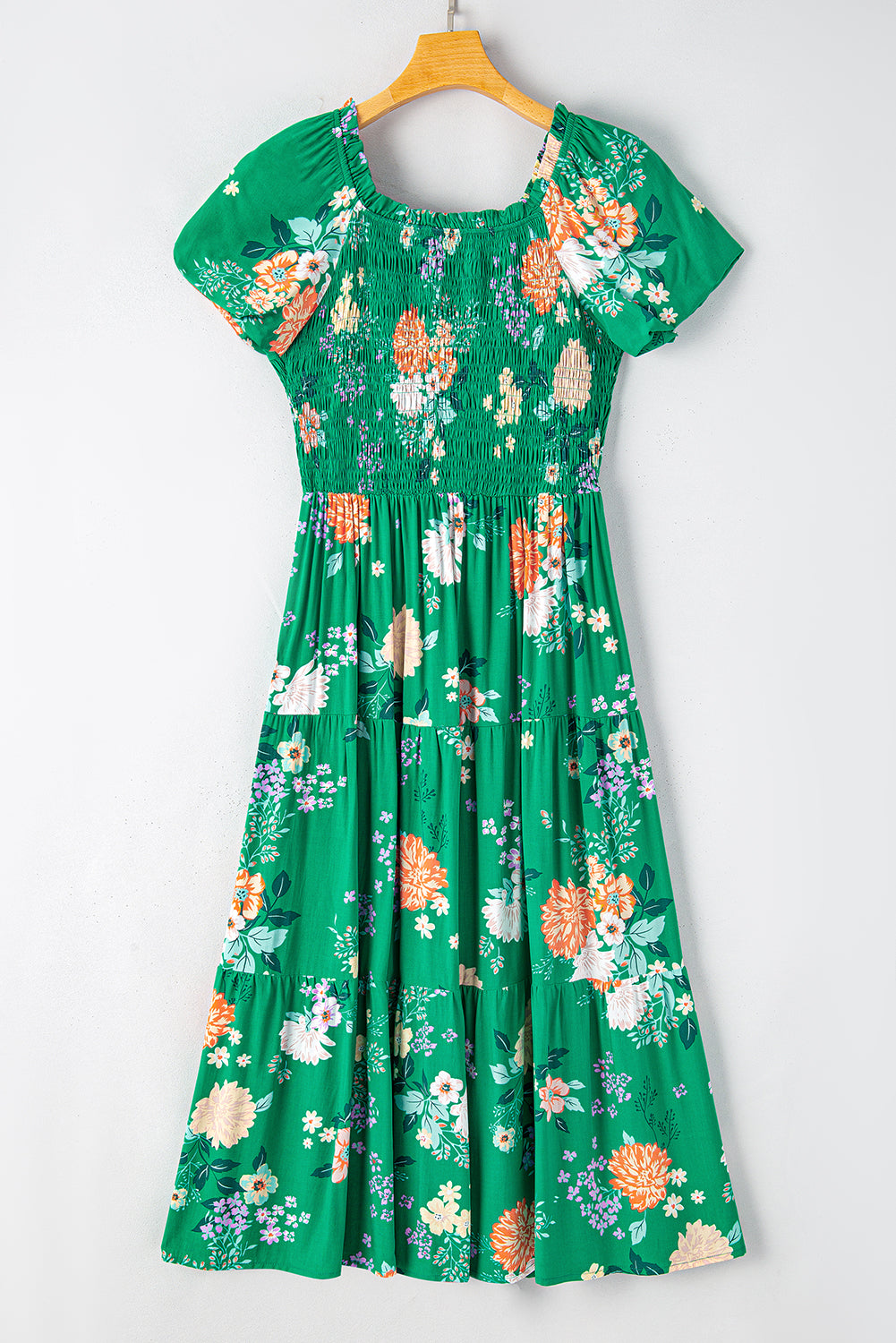 Green Floral Print Bubble Sleeve Smocked Tiered Midi Dress - Eloy Royal