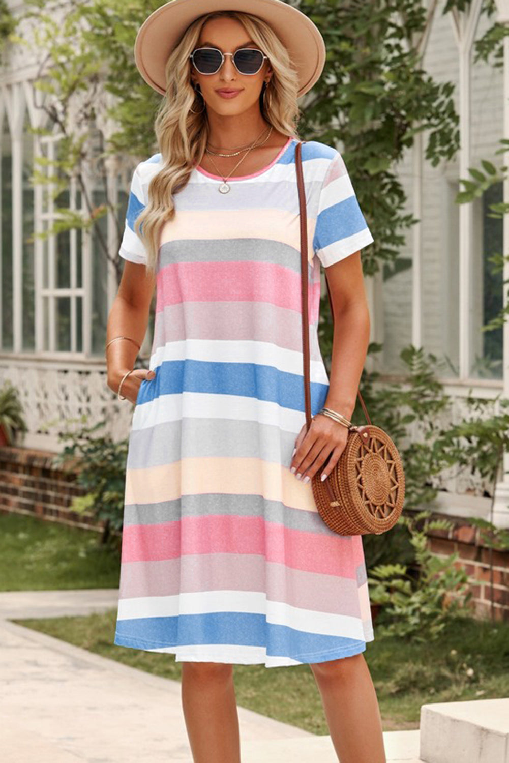 Multicolor Striped Casual Pocket Color Block T Shirt Dress - Eloy Royal