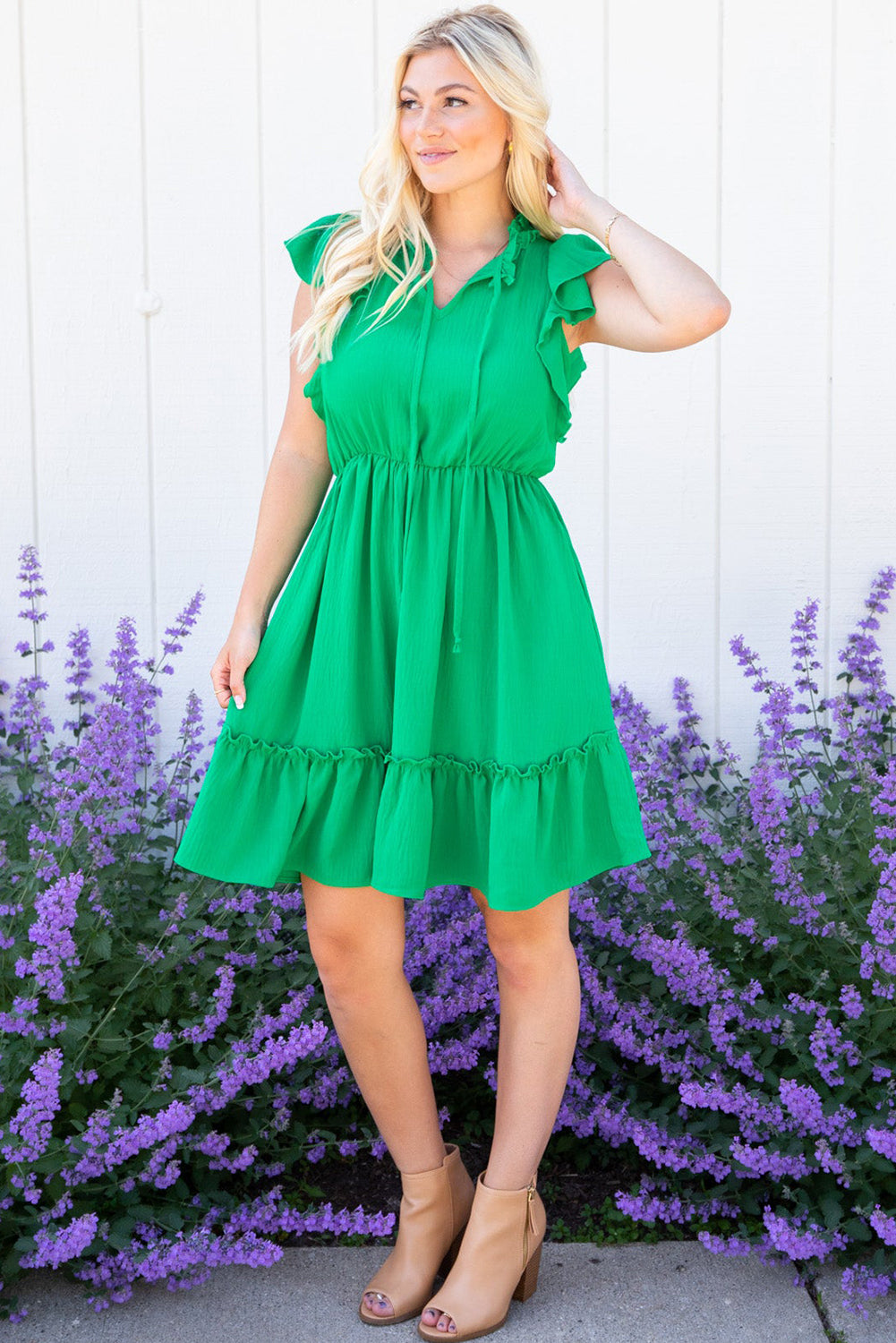 Bright Green Split V Neck Elastic Waist Ruffled Mini Dress - Eloy Royal