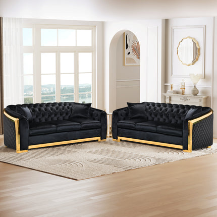 2 Piece Velvet Luxury Chesterfield Sofa Set, 84 Inches Tufted 3 Seat Couch with Gold Stainless for Living Room, Black Fabric