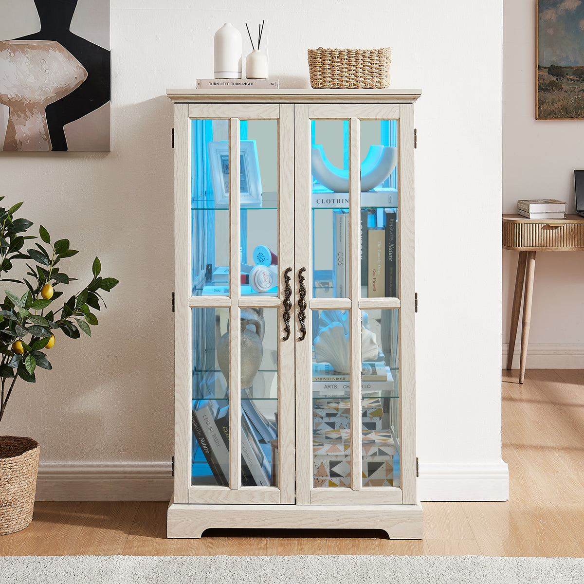 White Double Lattice Door Glass Tall Cabinet, Full-Color RGB Light Strip,3 Adjustable Shelves Storage Display Cabinet for Kitchen Living Room Bedroom Office