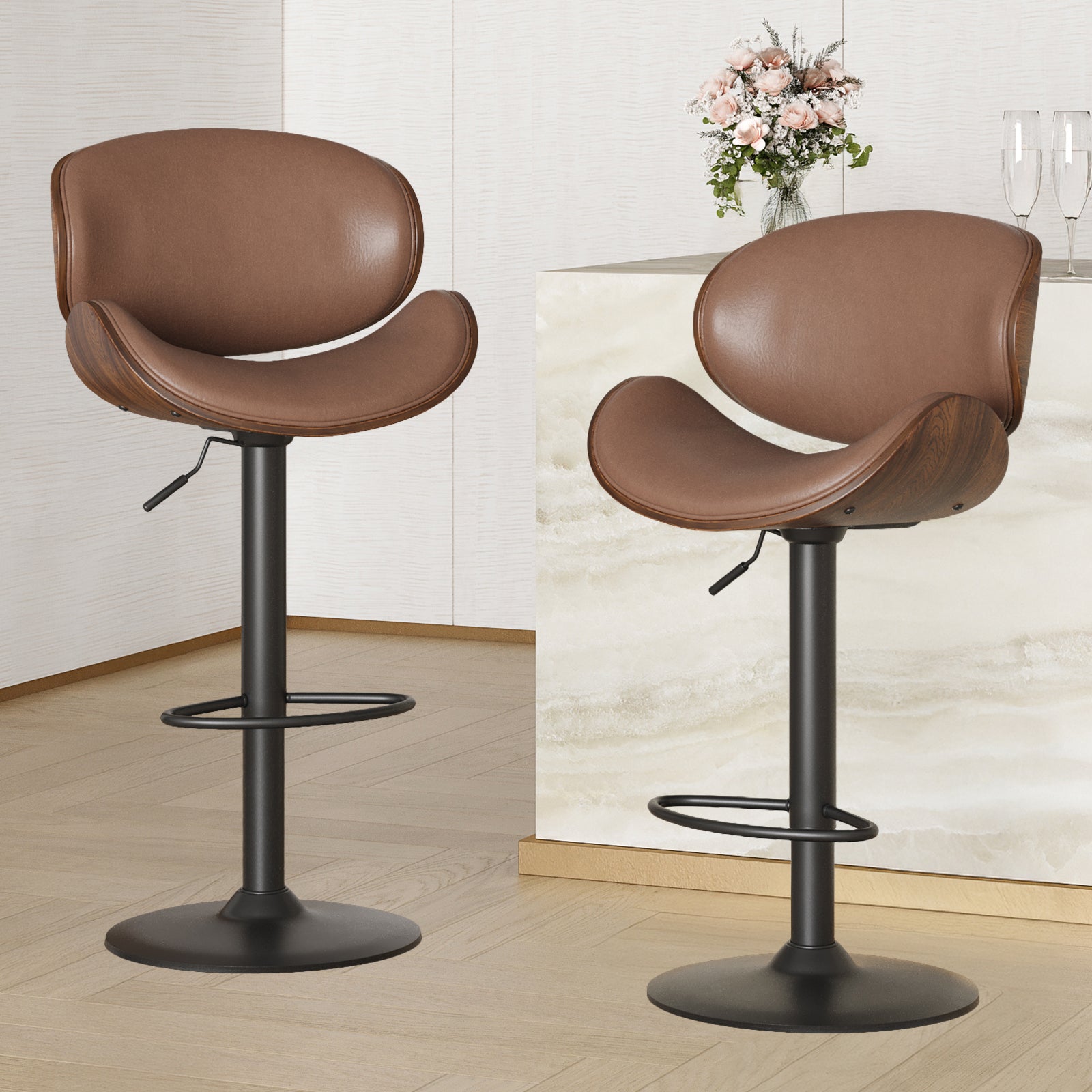Swivel Bar Stools Set of 2 Adjustable Height Bentwood Barstools with PU Leather Upholstered Seat, Backrest and Footrest,Modern Kitchen Counter Chairs for Bar, Dining Room