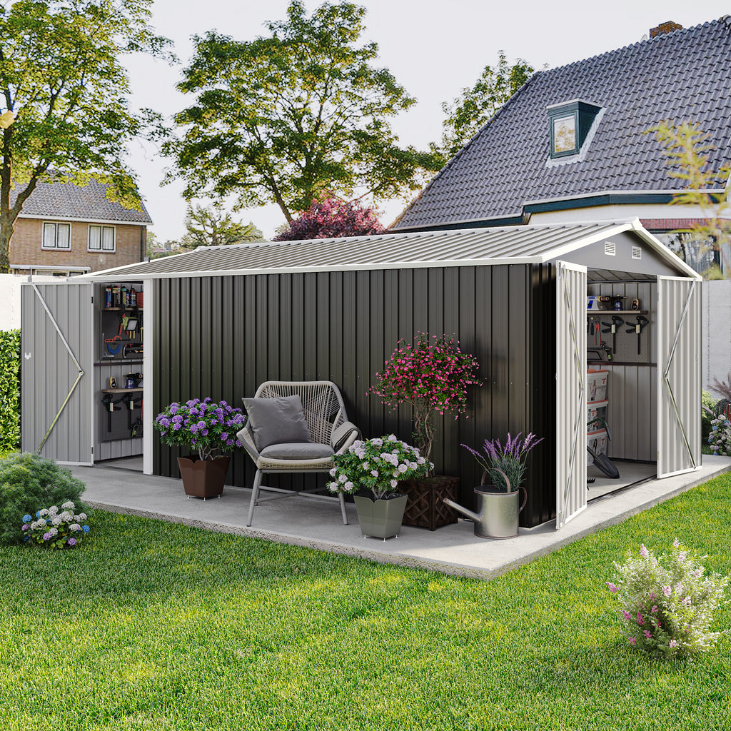 Campcraft  Outdoor Storage Shed 10×14 FT with 3 Lockable Doors,4 Air Vents & Sloped Roof,Utility Tool Shed Metal Storage Garden Sheds  Frame and 4 Vents,for Backyard,Patio,Lawn,dark Grey