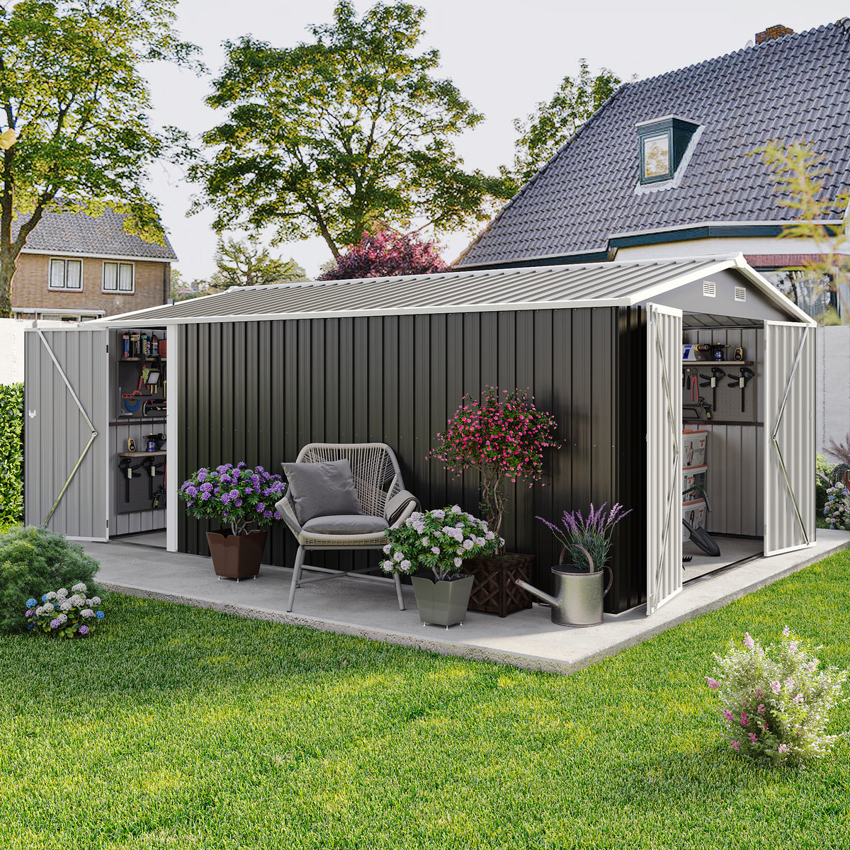 Campcraft  Outdoor Storage Shed 10×14 FT with 3 Lockable Doors,4 Air Vents & Sloped Roof,Utility Tool Shed Metal Storage Garden Sheds  Frame and 4 Vents,for Backyard,Patio,Lawn,dark Grey