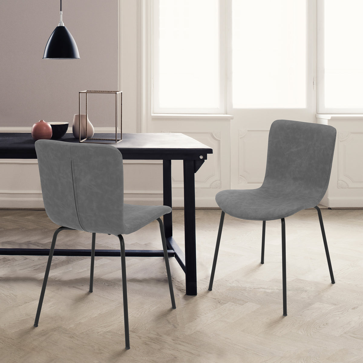 Perain Modern Light Gray Fabric and Metal Dining Room Chairs - Set of 2