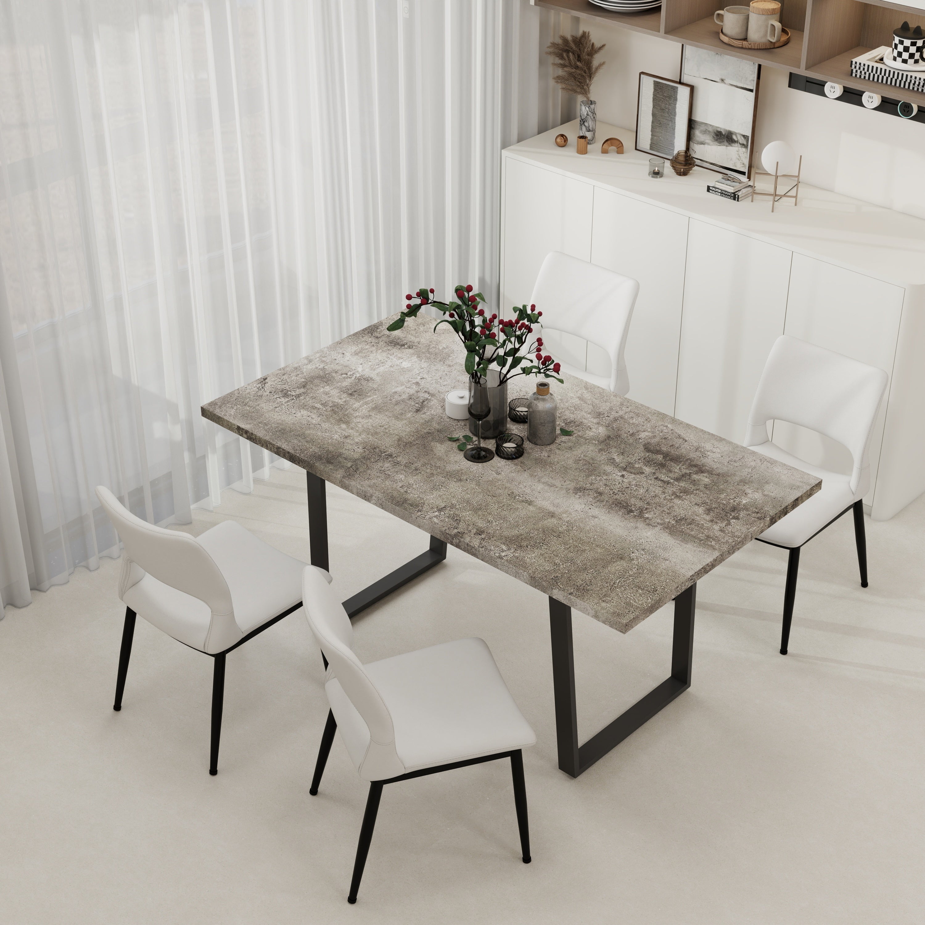 62.9 Inch Rectangular MDF Dining Table and Chair Set with 4 WHITE PU Cushion Black Metal Leg Chairs - Sturdy, Easy to Assemble for Kitchen & Dining Room