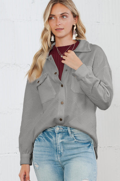 Wholesale Gray Solid Textured Flap Pocket Buttoned Shacket - Eloy Royal