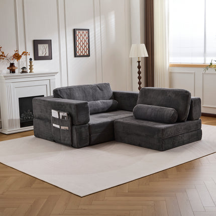 Foldable Castle Sofa Modular PlayCouch for Living Room & Bedroom Instant Expansion Comfortable & Creative Design Furniture Seater with One Middle Seat and One Side Seat,Dark-Grey.