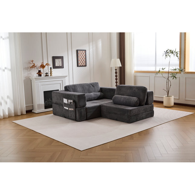 Foldable Castle Sofa Modular PlayCouch for Living Room & Bedroom Instant Expansion Comfortable & Creative Design Furniture Seater with One Middle Seat and One Side Seat,Dark-Grey.