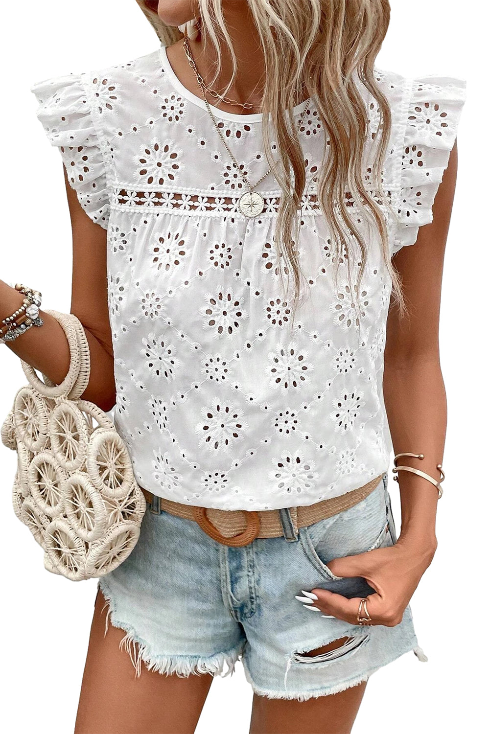 White Eyelet Embroidered Ruffle Shoulder Sleeveless Blouse - Eloy Royal