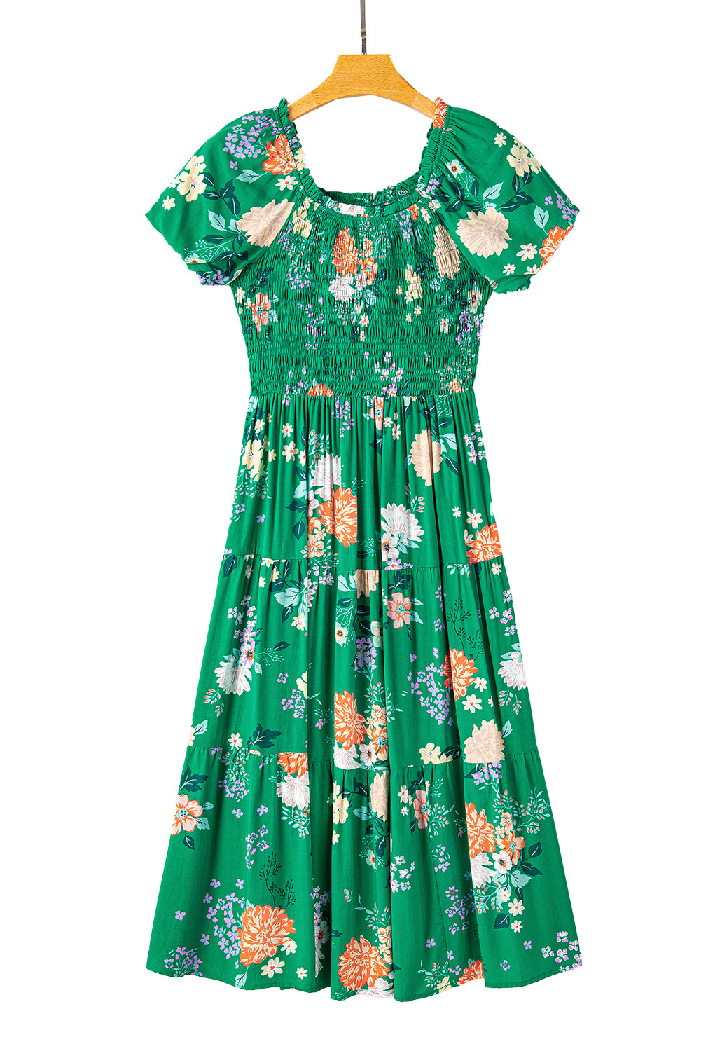 Green Floral Print Bubble Sleeve Smocked Tiered Midi Dress - Eloy Royal