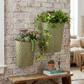 S/2 Textured Green Iron Hanging Planters with Arched Handles