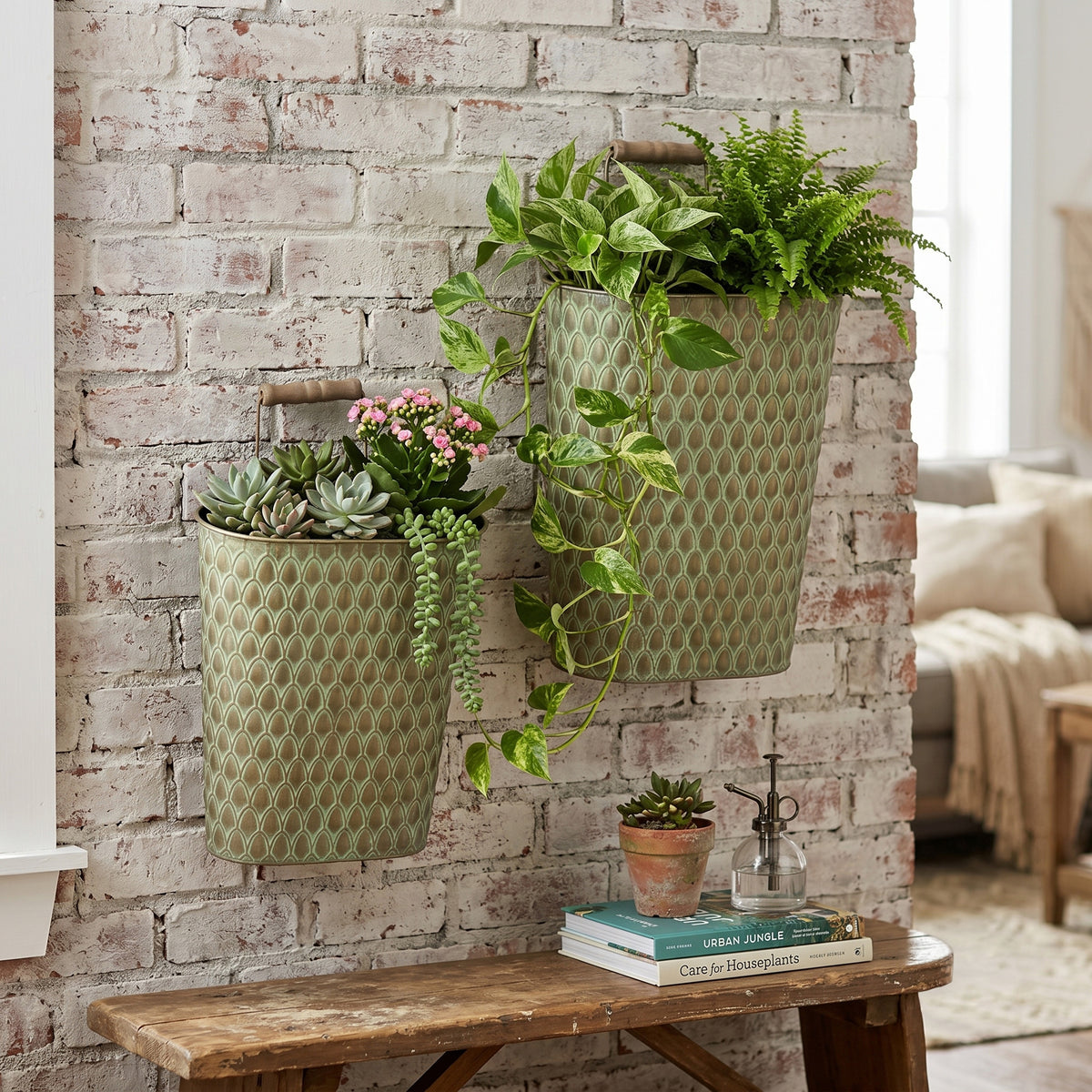 S/2 Textured Green Iron Hanging Planters with Arched Handles