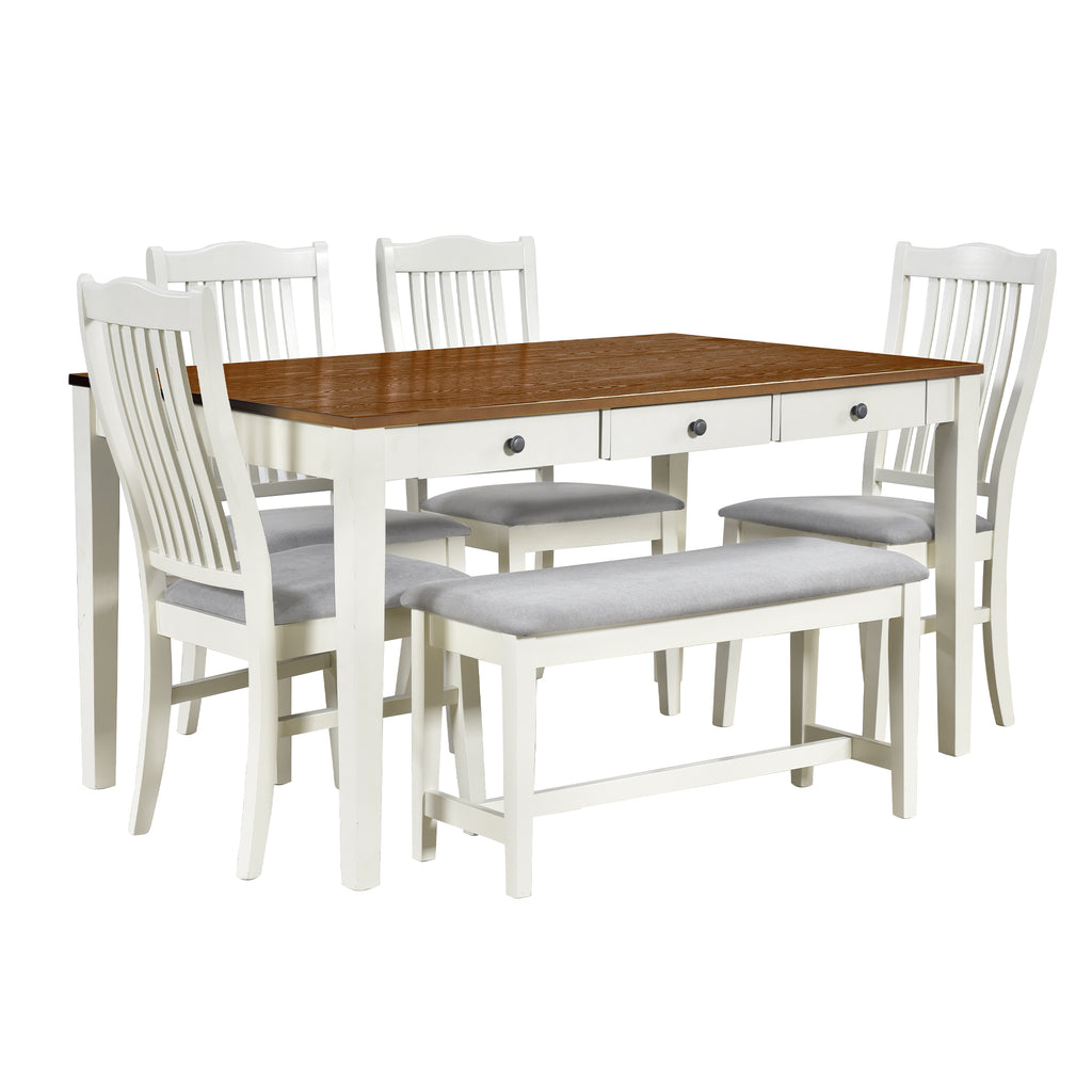 Tarascon 6-Piece Mid-Century Dining Set with Drawer and Bench, Buttermilk