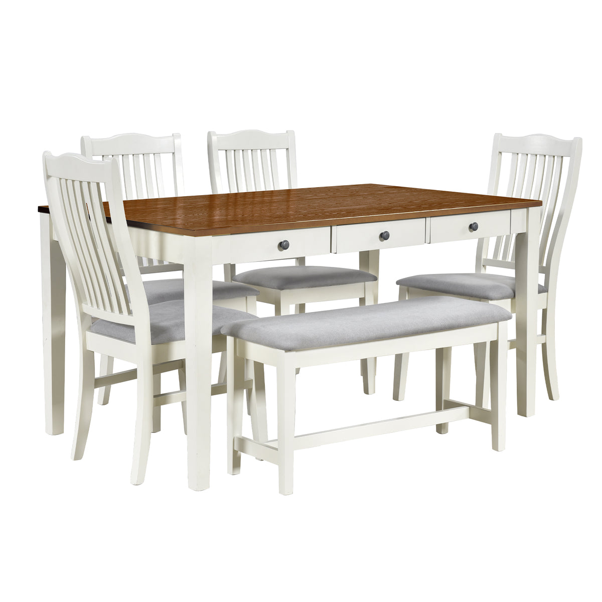 Tarascon 6-Piece Mid-Century Dining Set with Drawer and Bench, Buttermilk