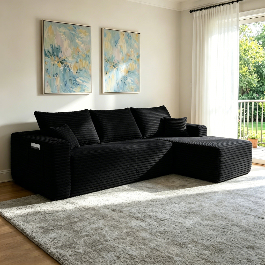 108' Cloud Sectional Sofa with L-Shape Chaise and Side Pockets , Modern Modular Design, Deep Seating, Upholstered Couch for Living Room/Bedroom, No Assembly Required (Plush Fabric), Black, Right