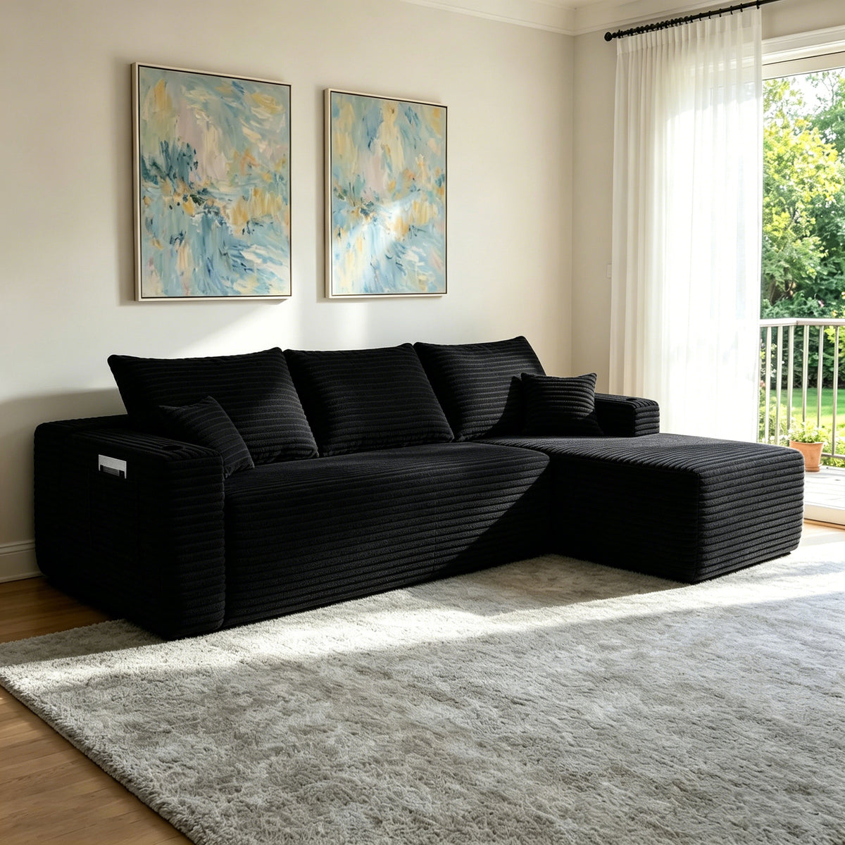 108' Cloud Sectional Sofa with L-Shape Chaise and Side Pockets , Modern Modular Design, Deep Seating, Upholstered Couch for Living Room/Bedroom, No Assembly Required (Plush Fabric), Black, Right