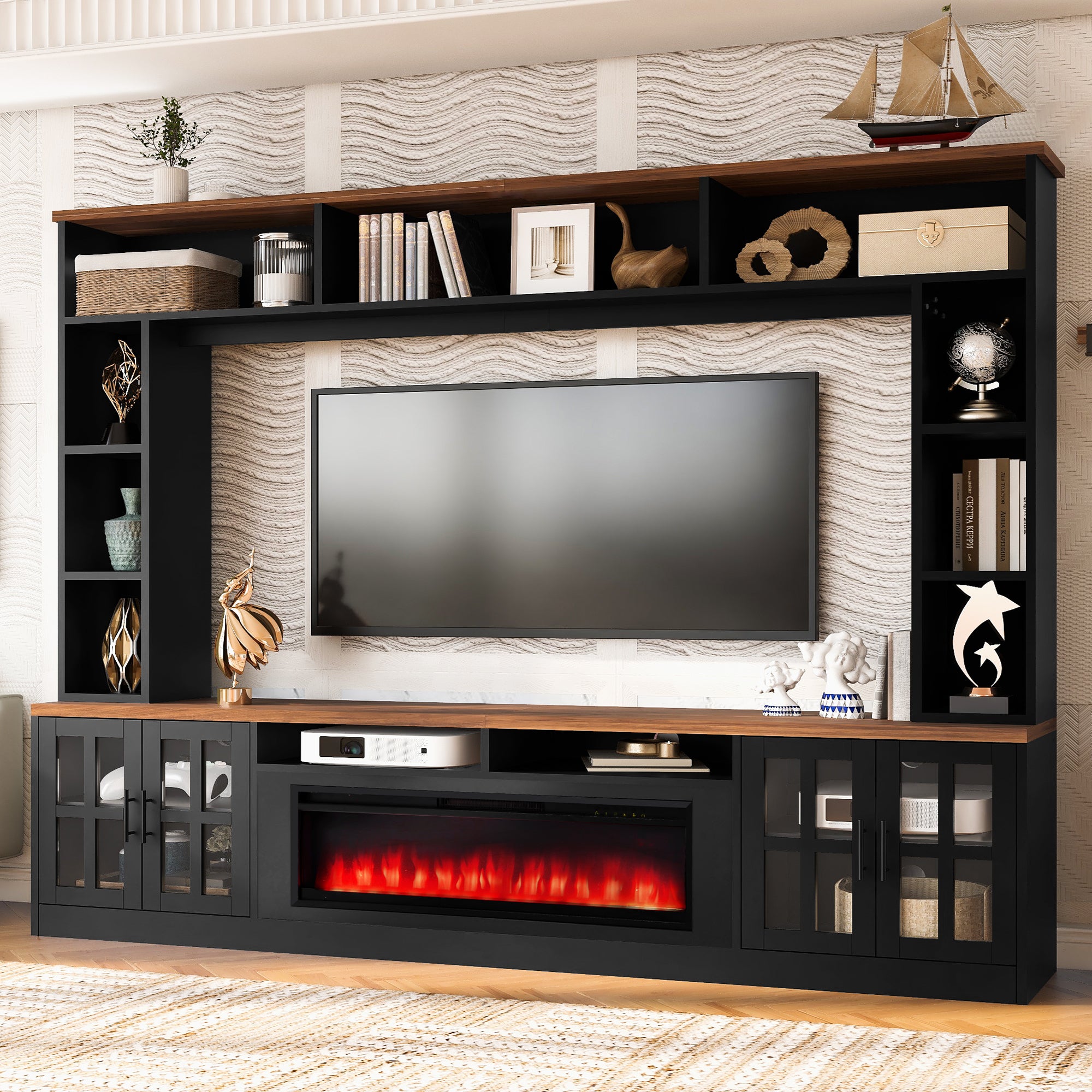 U-Can 95.5' W Wall Unit Entertainment Center with Bookshelves for TVs up to 80', Modern TV Stand Media Console with electric fireplace  Cabinets,  and Adjustable Shelves for Living Room