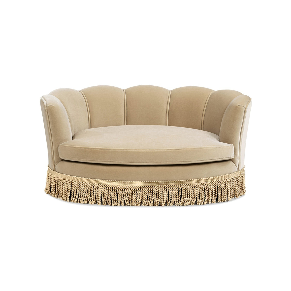 Clara Medium Scalloped Pet Sofa Bed in Fawn Brown Performance Velvet with Foam Cushion and Wood Frame