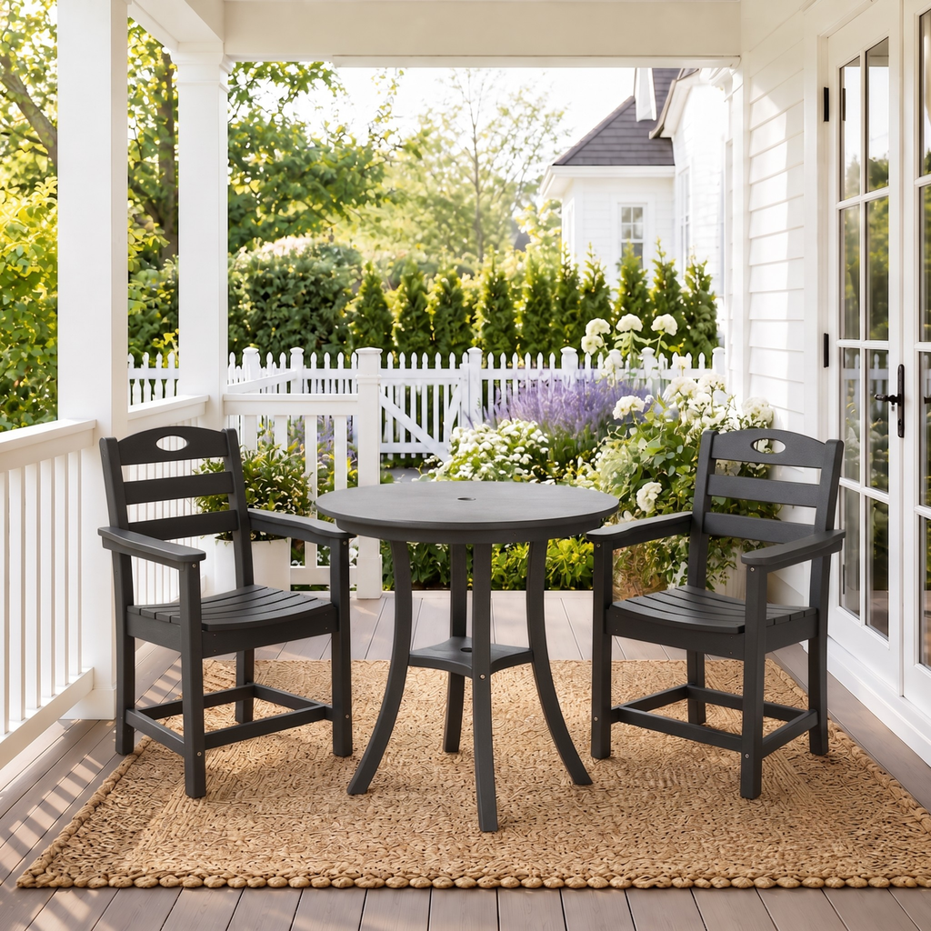 Black HDPE 3-Piece Outdoor Bar-Height Bistro Set with Round Table, Umbrella Hole and 2 Armchairs