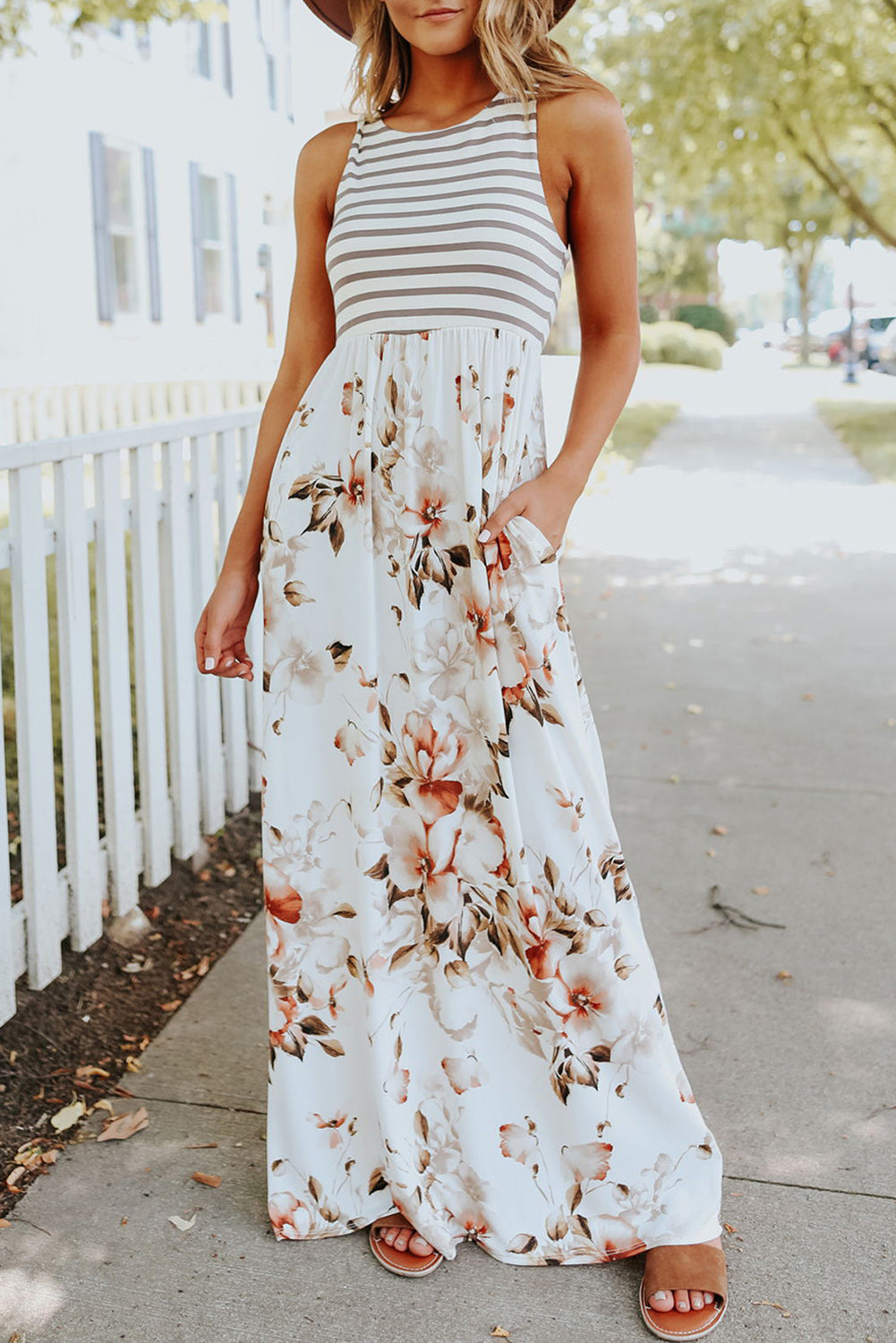 White Boho Stripes & Floral Print Floor Length Tank Dress - Eloy Royal