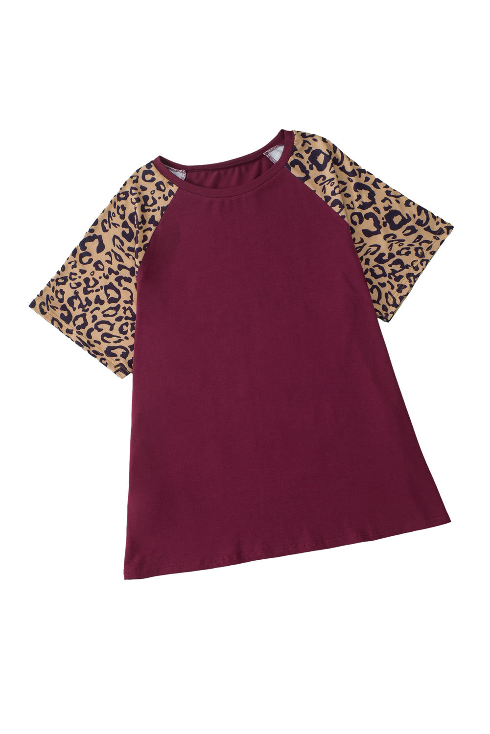 Burgundy Contrast Leopard Raglan Sleeve Plus Size T-shirt - Eloy Royal