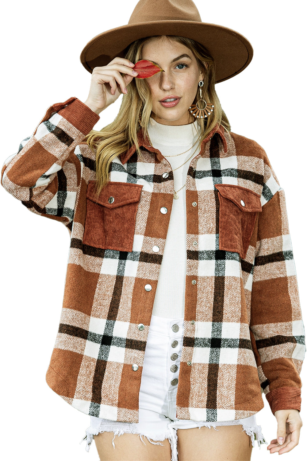 Brown Plaid Pocket Casual Buttons Up Shirt Shacket - Eloy Royal