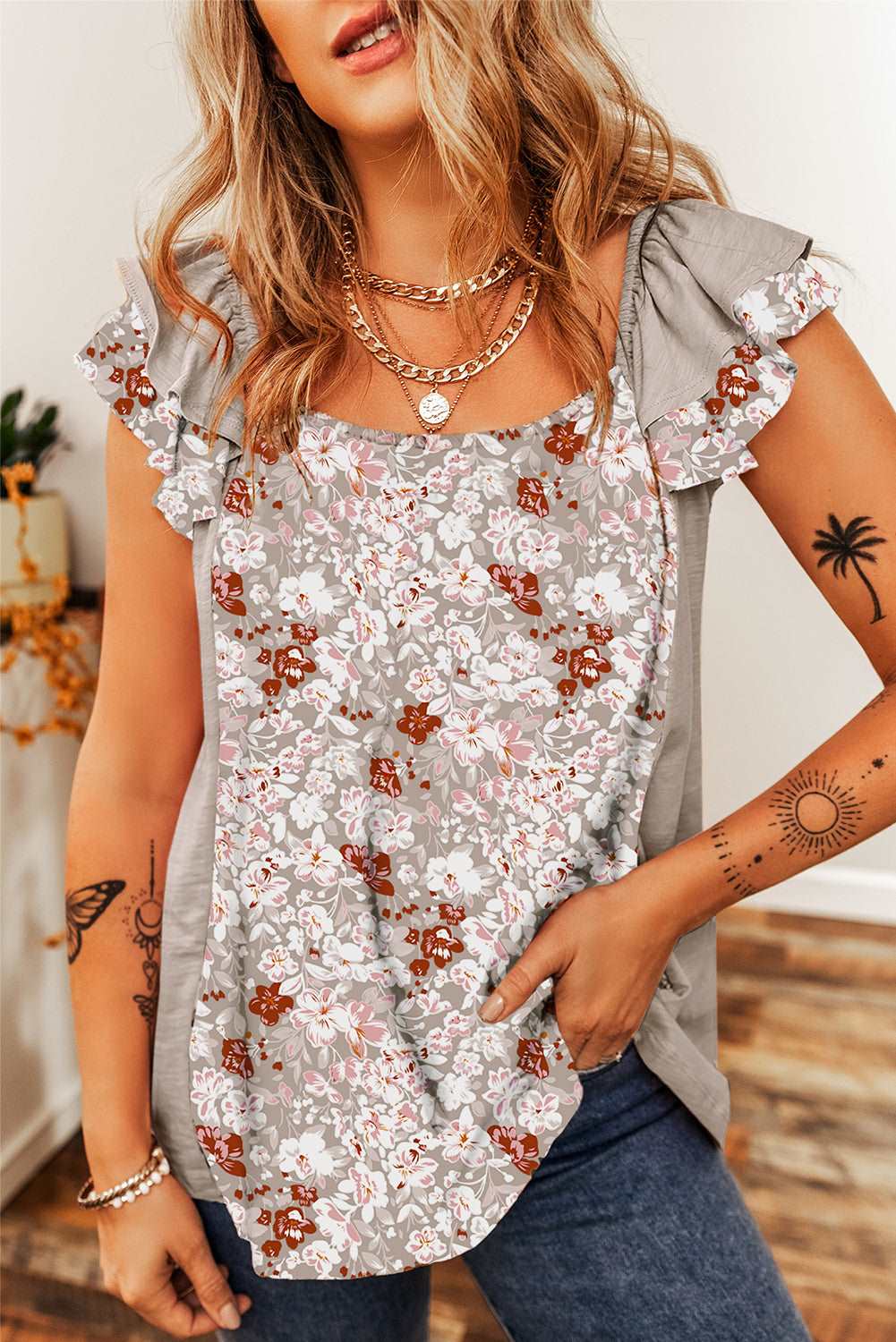 Apricot Pink Floral Print Square Neck Ruffle Sleeve Blouse