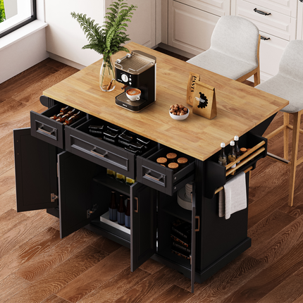 K&K Large Kitchen Island with Rubber Wood Drop Leaf