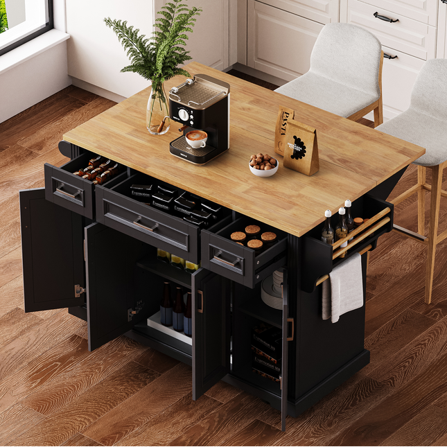 K&K Large Kitchen Island with Rubber Wood Drop Leaf