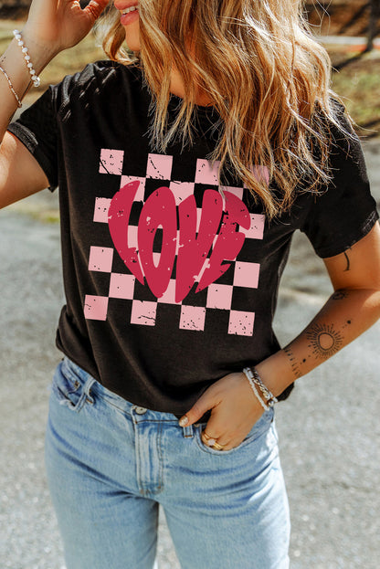 Black Checkered Graphic LOVE Print Crewneck Tee