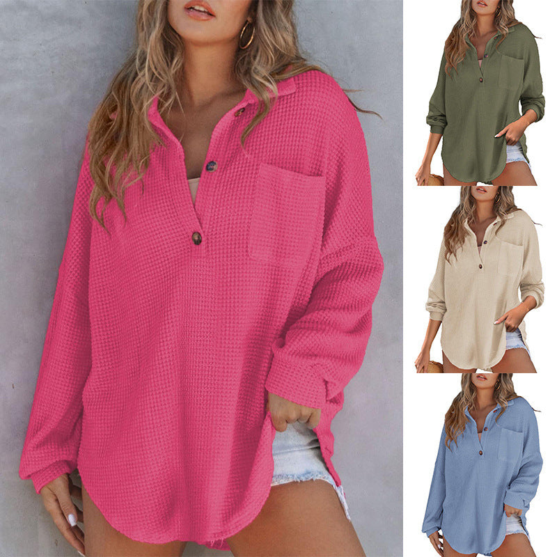 Women's Waffle Knit Loose Long Sleeve Top