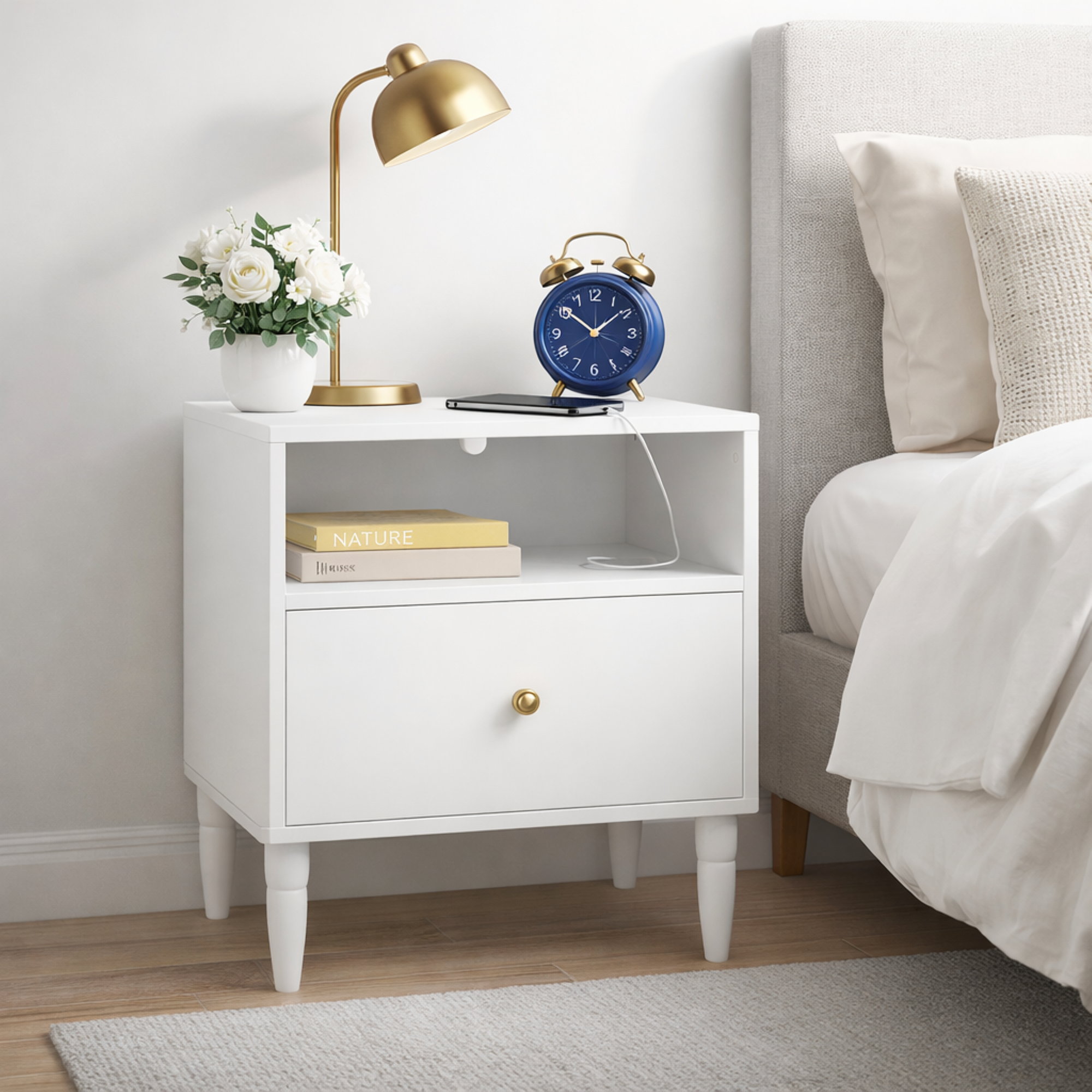 Modern White Nightstand with Drawer and Open Shelf, Bedside Table with Gold Knob, Solid Wood Legs, Small End Table for Bedroom, Living Room