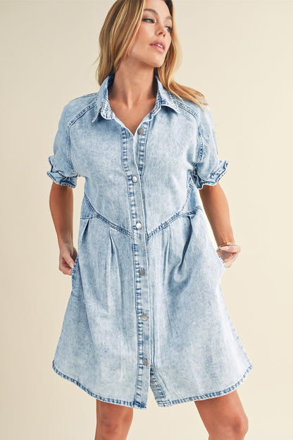 Blue Mineral Washed Ruffled Short Sleeve Pocketed Denim Dress - Eloy Royal