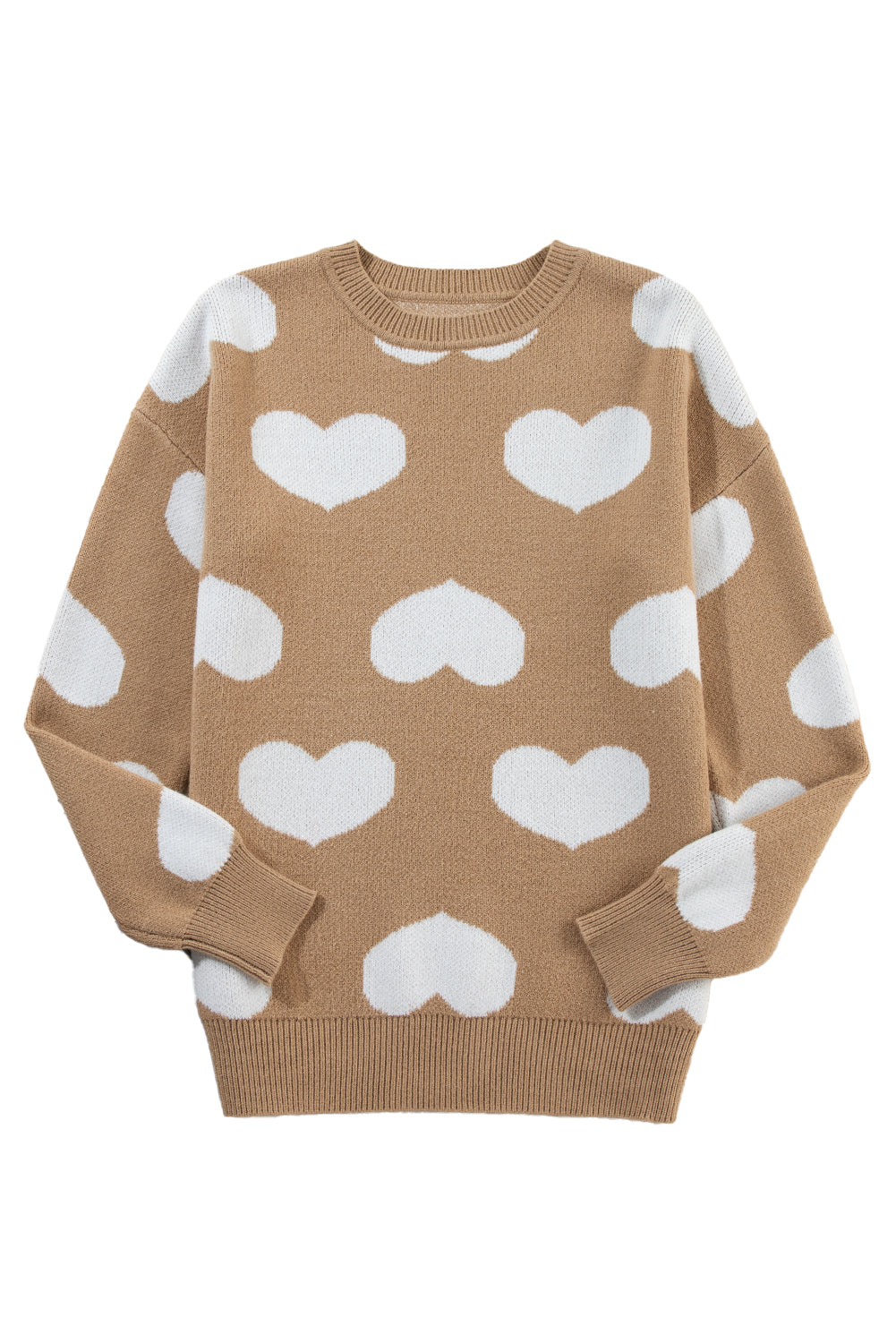 Khaki Heart Pattern Round Neck Sweater